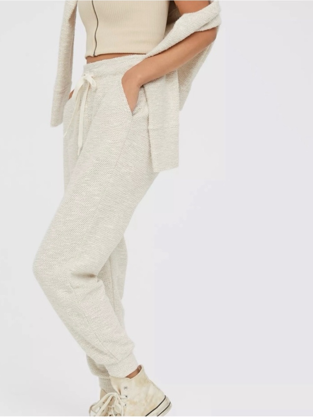 Offline by Aerie Women's Ivory & Oatmel Popcorn Knit Drawstring Jogger Pants XS
